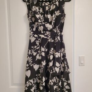RW&Co Elegant Black and White Floral Dress With Tie Detail